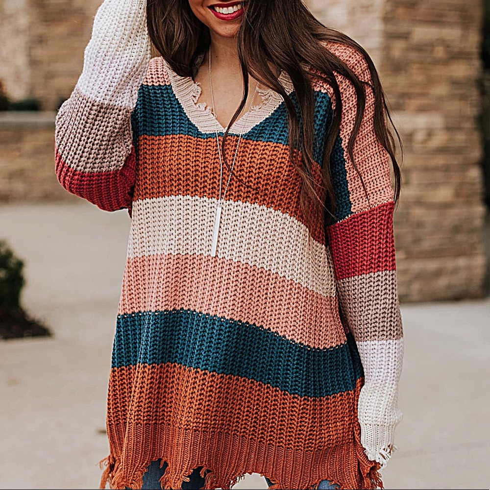 New Teal And Rust Long Distressed Sweater - Picture 2 of 3